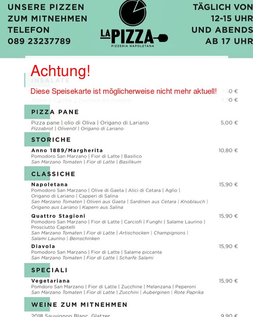 Speisekarte von La Pizza Seite 01